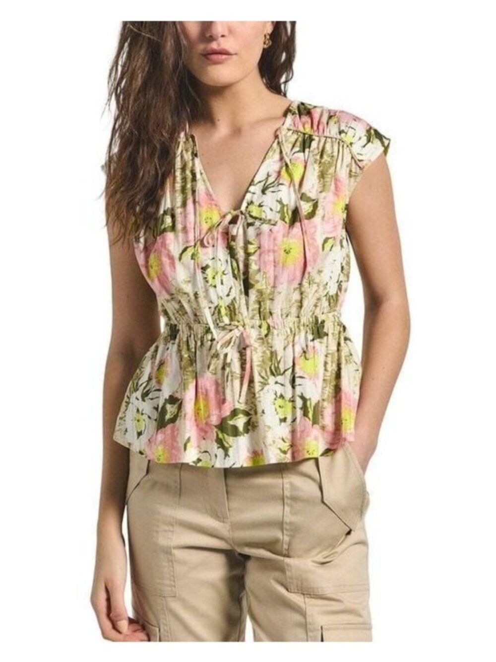 Derek Lam 10 Crosby Size XL Caroline Floral Double Tie Cotton Top Cinched Waist